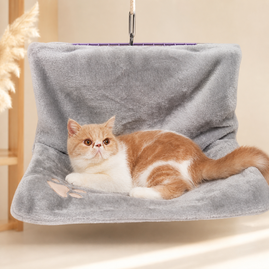 Graues Plüsch-Hängemattenbett für Katzen in Wohnumgebung